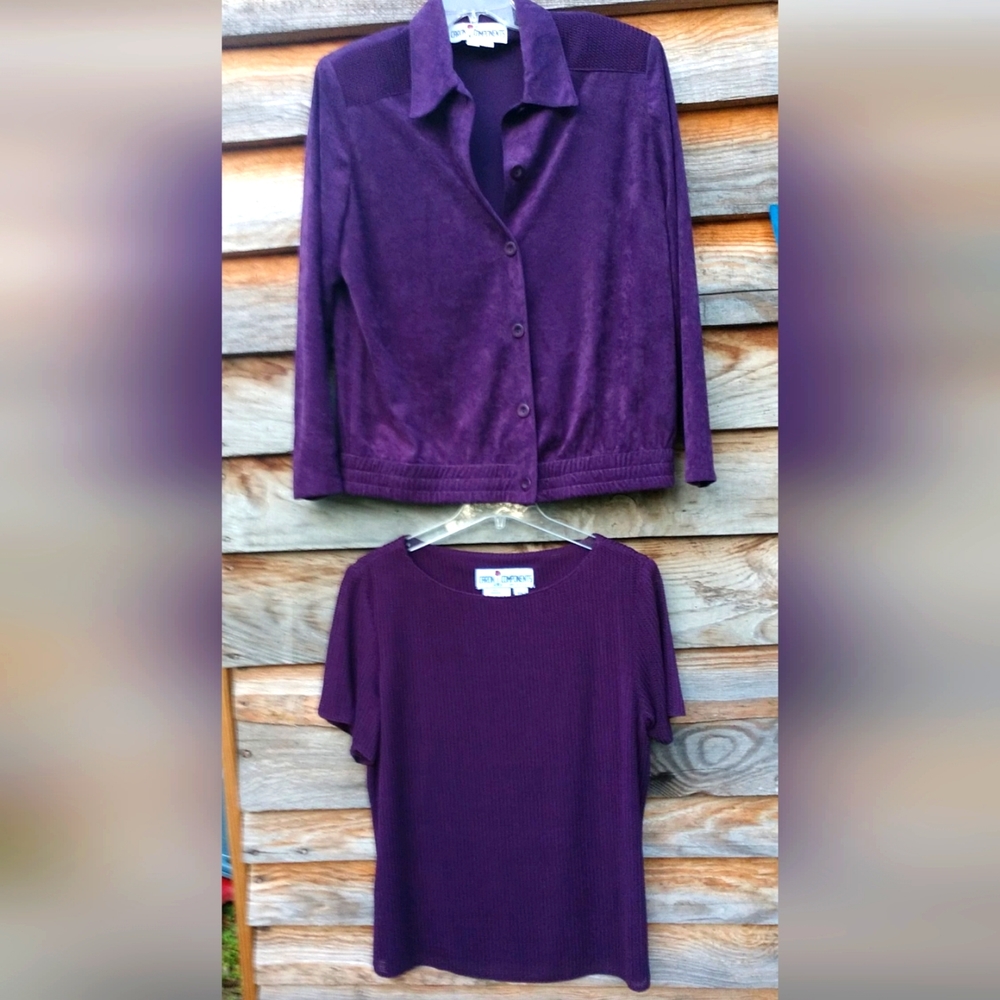💜Caron Components Women's Suede Feel Button Front Jacket LS/& Mesh Top SS 2 Pcs